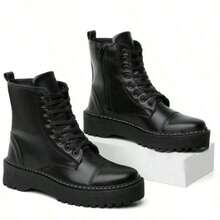 Women's Ankle Boot With Laces And Zipper, 3cm Chunky Sole, Blogger Style Boot - 黑色 - 查看 5
