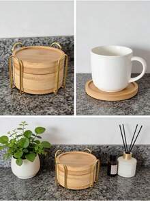 6pcs Bamboo Coasters With Tray - Multipurpose For Large Cups, Stemware, Coffee Mugs, Succulents, Natural Wooden Drink Coasters For Home, Kitchen, Bar Decor - Multicolor - View 4