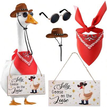 4件套西部牛仔门廊鹅装扮，包括“傻鹅出笼”挂件、牛仔帽、头巾和眼镜，适用于17或23英寸雕像，户外庭院草坪艺术品（棕色、红色）