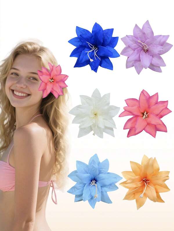 6个夏威夷花朵发夹，女士款，人造热带鸡蛋花芙蓉花爪夹，适合海滩度假、派对、婚礼、波西米亚风发饰