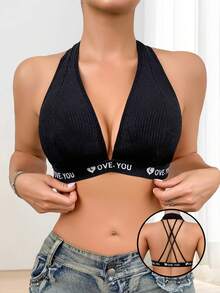 Women's Letter Jacquard Strap Elegant & Comfortable Backless Bra - Black - View 2