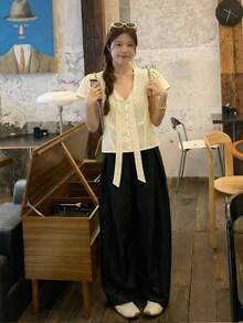Korean Style Polka Dot Print Short Sleeve Blouse, Fashionable & Versatile Summer - Beige - View 10