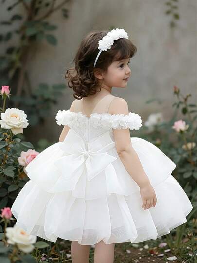 Baby Girls Round Neck Solid Color Lace Trim Back Bow Organza Cute Elegant 1st Birthday Party Christening Dress, Suitable For Flower Girl, Wedding, Celebration