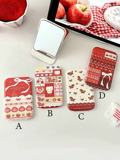 1/2pcs Cute Red Strawberry Foldable Makeup Mirror, Year Of The Horse Adorable Bow Pattern Hand Mirror, Adjustable Height Desktop Mirror, Portable Pocket Mirror, Birthday/Holiday Gift For Women