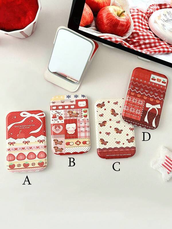 1/2pcs Cute Red Strawberry Foldable Makeup Mirror, Year Of The Horse Adorable Bow Pattern Hand Mirror, Adjustable Height Desktop Mirror, Portable Pocket Mirror, Birthday/Holiday Gift For Women