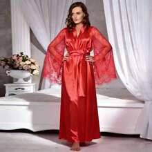 Women's Large European Style Sexy Imitation Ice Silk Lace Nightdress, Light Transparent Sleeveless Nightgown, Suitable For Home Leisure And Sleep Wear, Women's Pajamas, Women's Bathrobe, Bathrobe - Red - View 5