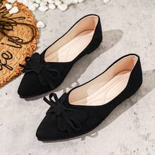 Women's Suede Pointed Toe Bow Flats, Bow Slip-On Flats, Versatile Flat Shoes For All Seasons - Black - View 6