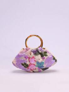 SCULPTEDSTYLE 包袋 1 件装 彩色花卉亮片撞色网纱叶子图案度假风竹柄亚麻底手提包，适合夏季海滩休闲旅行（亮片花卉图案随机分布） - 彩色 - 查看 3