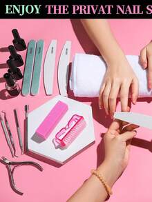 12pcs Manicure Tool Kit: 100/180 Grit Nail File, Buffing Block, Cuticle Nipper, Cuticle Pusher, Cleaning Brush, Professional Pink Nail Care Set, Manicure Tools, Wedding Season, Back To School Season - Multicolor - View 5