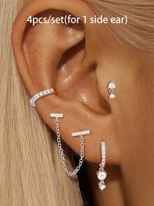 4件套独特24K镀金立方氧化锆吊坠耳环套装，女士锆石链耳钉套装，耳环组合，可叠戴 - 4pcs/set - 查看 4