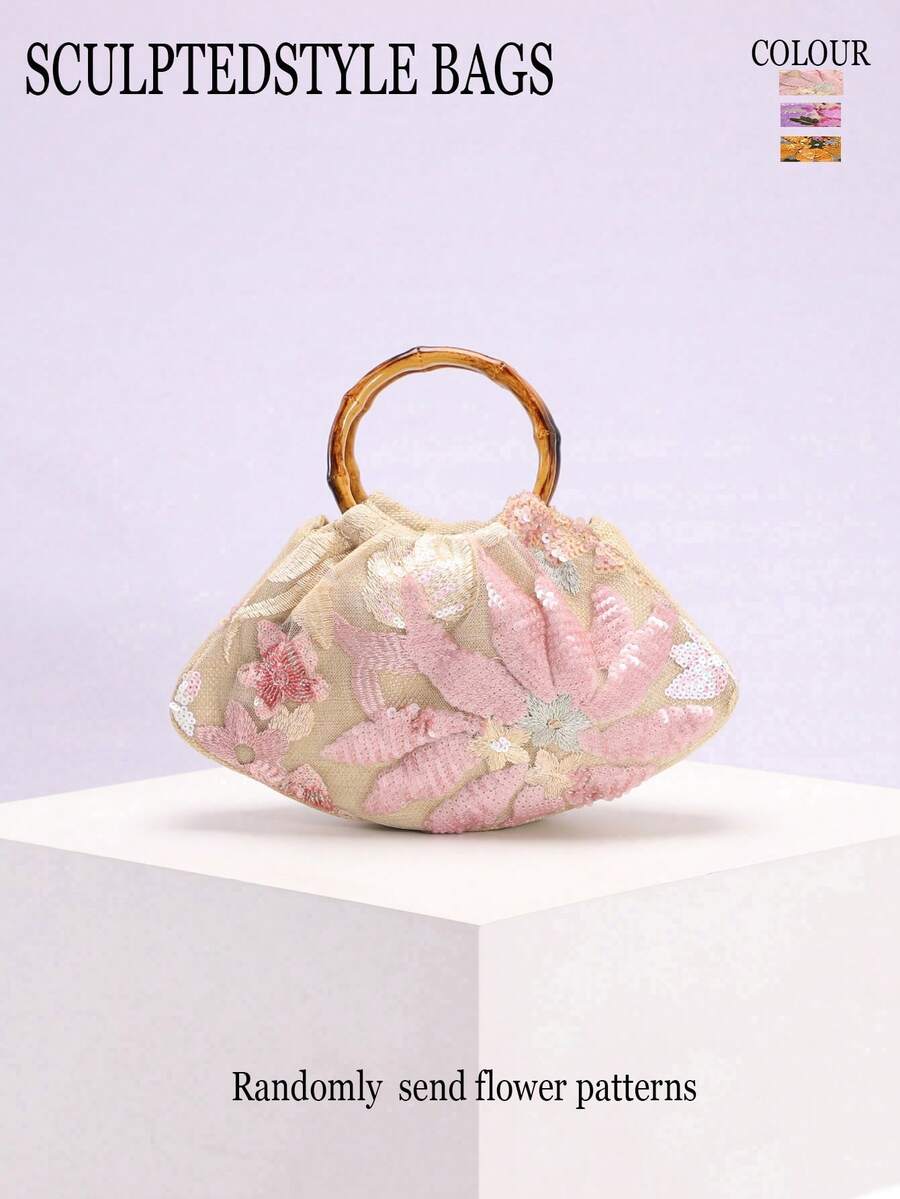 SCULPTEDSTYLE BAGS 1pc Colorful Floral Sequin Contrast Mesh Leaf Pattern Vacation Style Bamboo Handle Tote Bag, Linen Bottom, Suitable For Summer Beach Leisure (Sequin Floral Pattern Randomly Distributed) - Multicolor - View 1