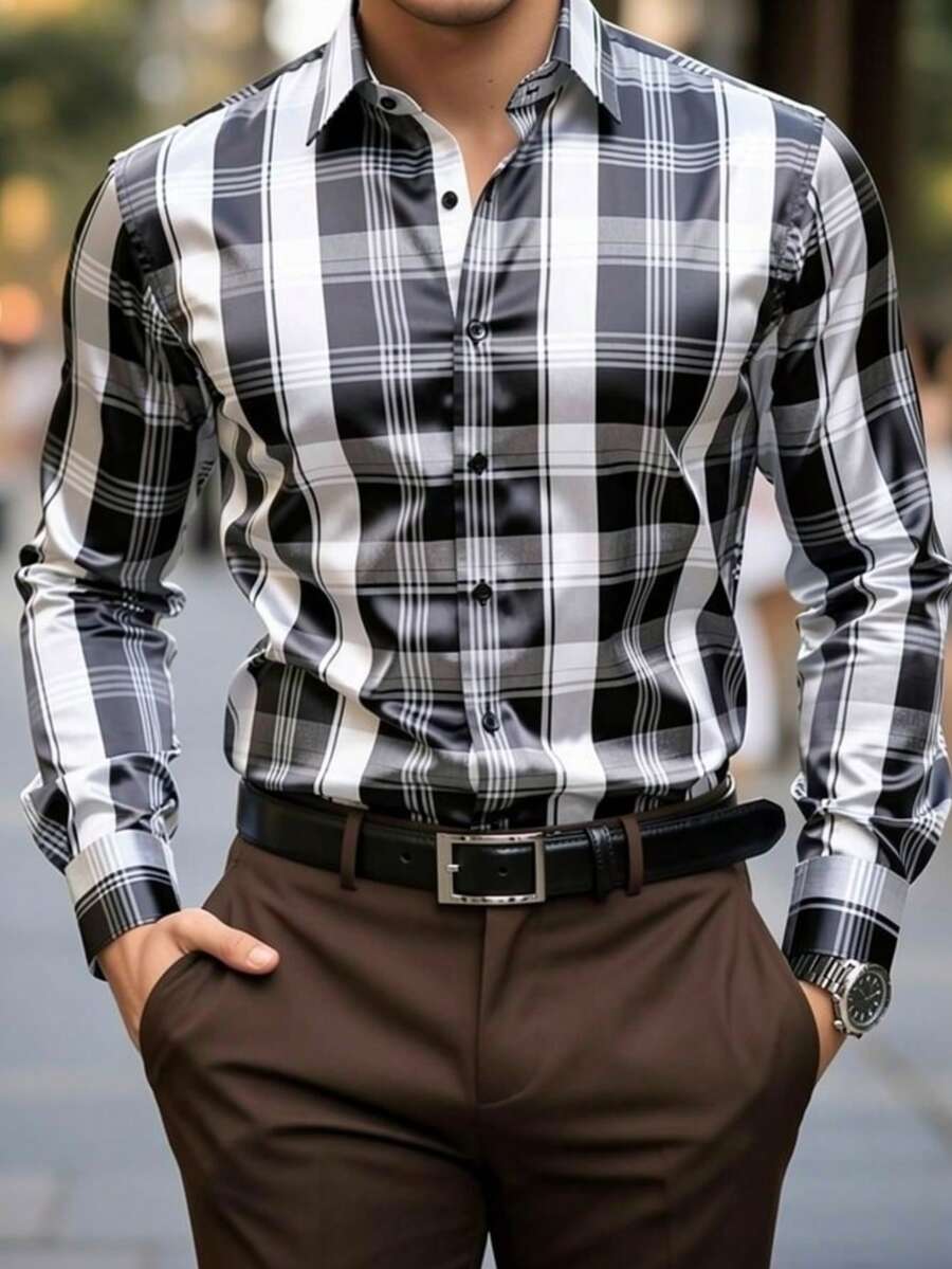Áo sơ mi nam dài tay kẻ caro một hàng cúc, thích hợp cho trang phục công sở và đi làm hàng ngày.