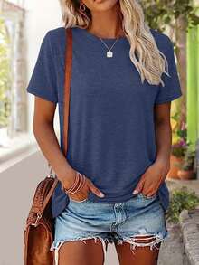 3pcs Solid Color Round Neck Short Sleeve Loose Casual T-Shirt, Suitable For Spring/Summer Daily And Home Wear, Machine Washable - Multicolor - View 4
