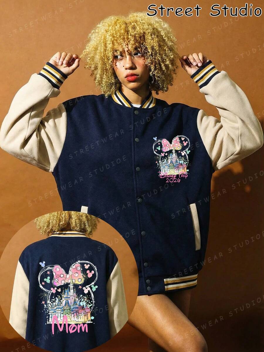 Officially Licensed By Disney: This Baseball Jacket Features Authentic Disney Parks Graphics And The Word "Mom." Designed With A Snap-Button Closure, It Features A Classic Baseball Collar, Printed Details, And Functional Pockets. Its Casual Style Makes It An Ideal Choice For Both Themed Events And Everyday Wear (Machine Washable). - 藏藍色拼杏色 - 查看 1