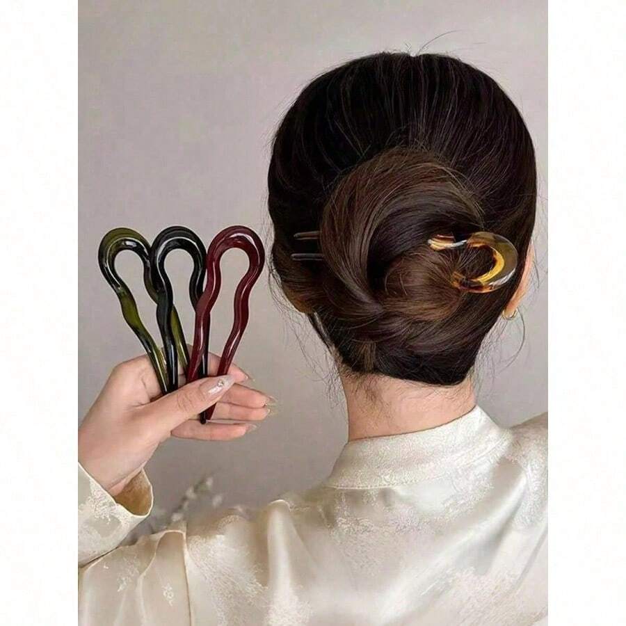 French Twist Hair Forks, U-Shaped Wavy Hair Clips, Suitable For Spiral Buns, Tortoiseshell Color, Fashionable, Flexible And Durable Women Hair Accessories, Styling Hair Clips, Hair Pins - 彩色 - 查看 1