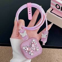 5个粉色水钻蝴蝶造型充电线保护套，兼容40W苹果充电器和 17 Pro Max/17/17 Pro - 粉色 - 查看 1