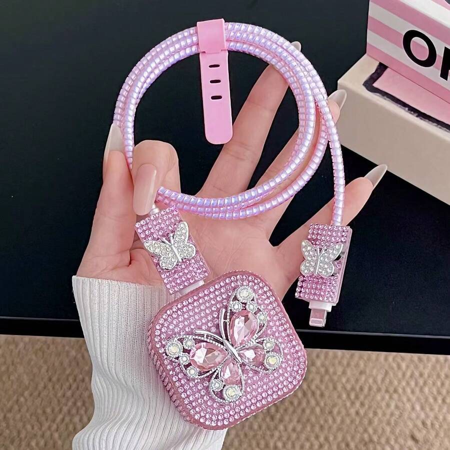 5个粉色水钻蝴蝶造型充电线保护套，兼容40W苹果充电器和 17 Pro Max/17/17 Pro - 粉色 - 查看 1