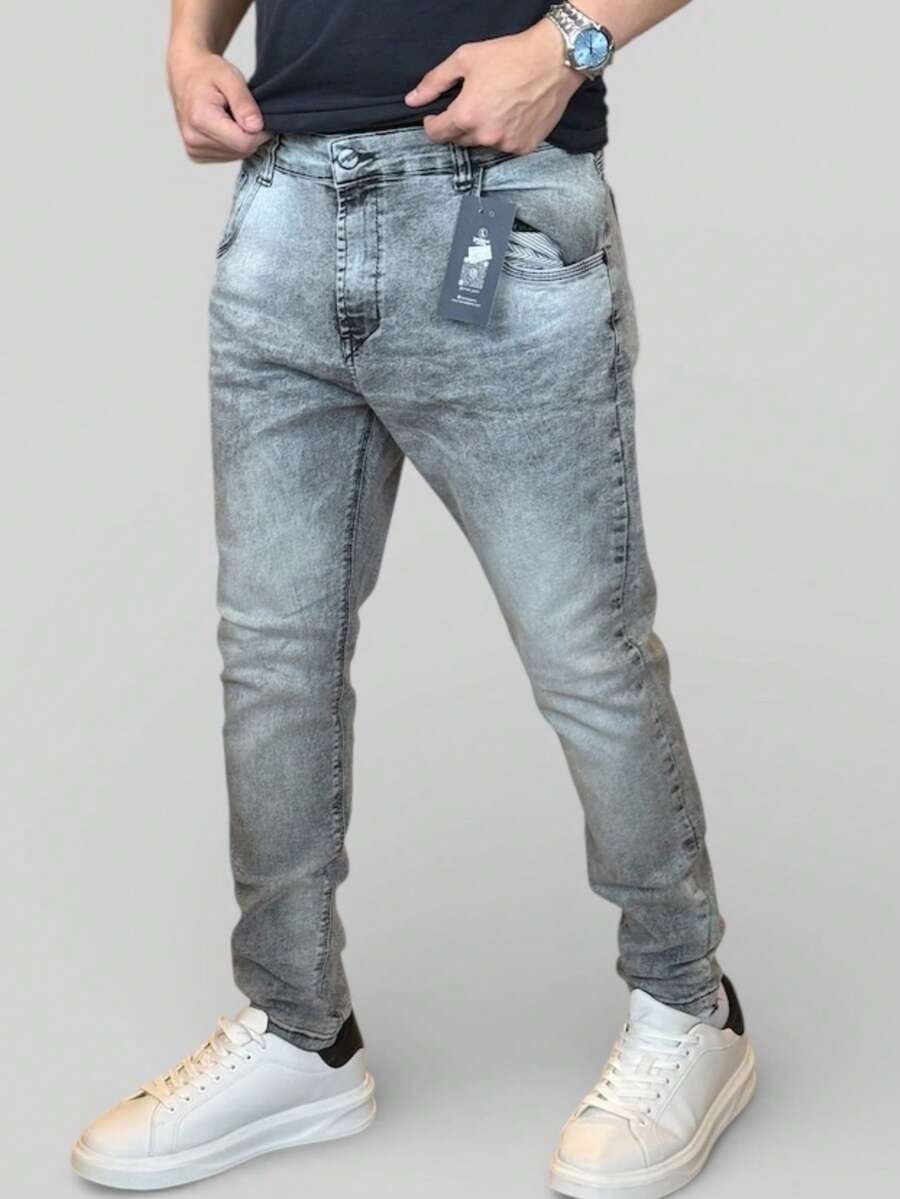 Men's Slim Fit Premium Denim Jeans With Elastane Lycra - Light Gray Stonewashed - View 1