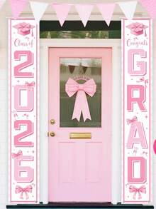 2026 Abschluss Türbanner, Glückwünsche Absolventen Türschild, rosa Schleife Abschluss Dekoration, 30*180cm Polyester Metall rosa Innen-/Außenwand Hängedekoration, 2026 Highschool/Uni Abschlussfeier Zubehör - Übersicht 1