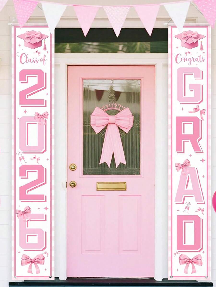2026 Abschluss Türbanner, Glückwünsche Absolventen Türschild, rosa Schleife Abschluss Dekoration, 30*180cm Polyester Metall rosa Innen-/Außenwand Hängedekoration, 2026 Highschool/Uni Abschlussfeier Zubehör - Übersicht 1
