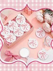 12pcs/6pcs/2pcs Pink Bow Compact Makeup Mirror Set - Round Makeup Mirror With White Pouch & Bow, Pink Bow Portable Folding Mirror, Suitable For Women, Party Favors, Ladies Birthday, Bridal Gifts - Multicolor - View 2