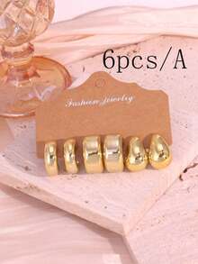 6/18pcs Fashionable Luxury Minimalist Water Drop & Smooth C-Shape Earring Set, Versatile Gift For Girlfriend/Best Friend - Gold - View 9