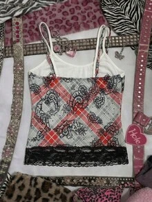 女士 Y2K Grunge 格纹佩斯利印花蕾丝边二合一吊带背心 - 双层细肩带露脐背心，朋克另类街头风度假外出上衣，夏季女装，情人节穿搭，派对穿搭，音乐节穿搭，浪漫约会穿搭，假日穿搭，春夏日常穿搭，嘉年华休闲穿搭 - 彩色 - 查看 2