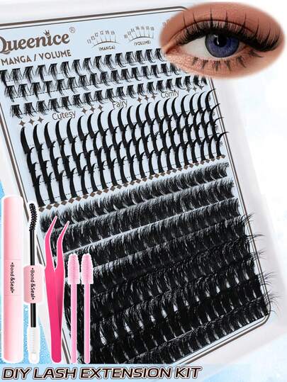 Queenice 297根单根假睫毛，多种款式，自然妆效，4种设计（含下睫毛），轻盈蓬松，3D立体尖头，80/100D簇状，精致柔软，可重复使用，单根假睫毛嫁接套装，包含化妆工具、胶水、镊子和2支睫毛刷，适合初学者，可用于日常、婚礼、派对、音乐节、母亲节等场合。睫毛套装，假睫毛，假睫毛