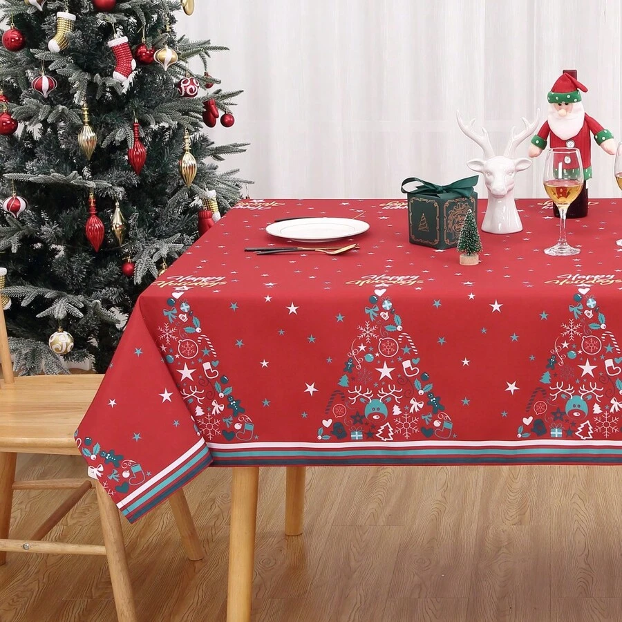Waterproof Washable Red Christmas Tablecloth 60x84 Inch Rectangular Holiday Table Cover Mark Resistant 180GSM Polyester - Reindeer Design For Indoor Outdoor Kitchen, Dining Room, Party Decor - Red 54*54" - View 1