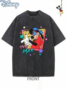 Disney Officially Licensed Graphic T Shirts 100 Percent Cotton  Shirt, Max Goof & Roxanne Retro Couple T-Shirt, Unisex, Washed 230g, Retro Vintage, Crew Neck Short Sleeve, Casual Daily Wear - 黑2 - 查看 2