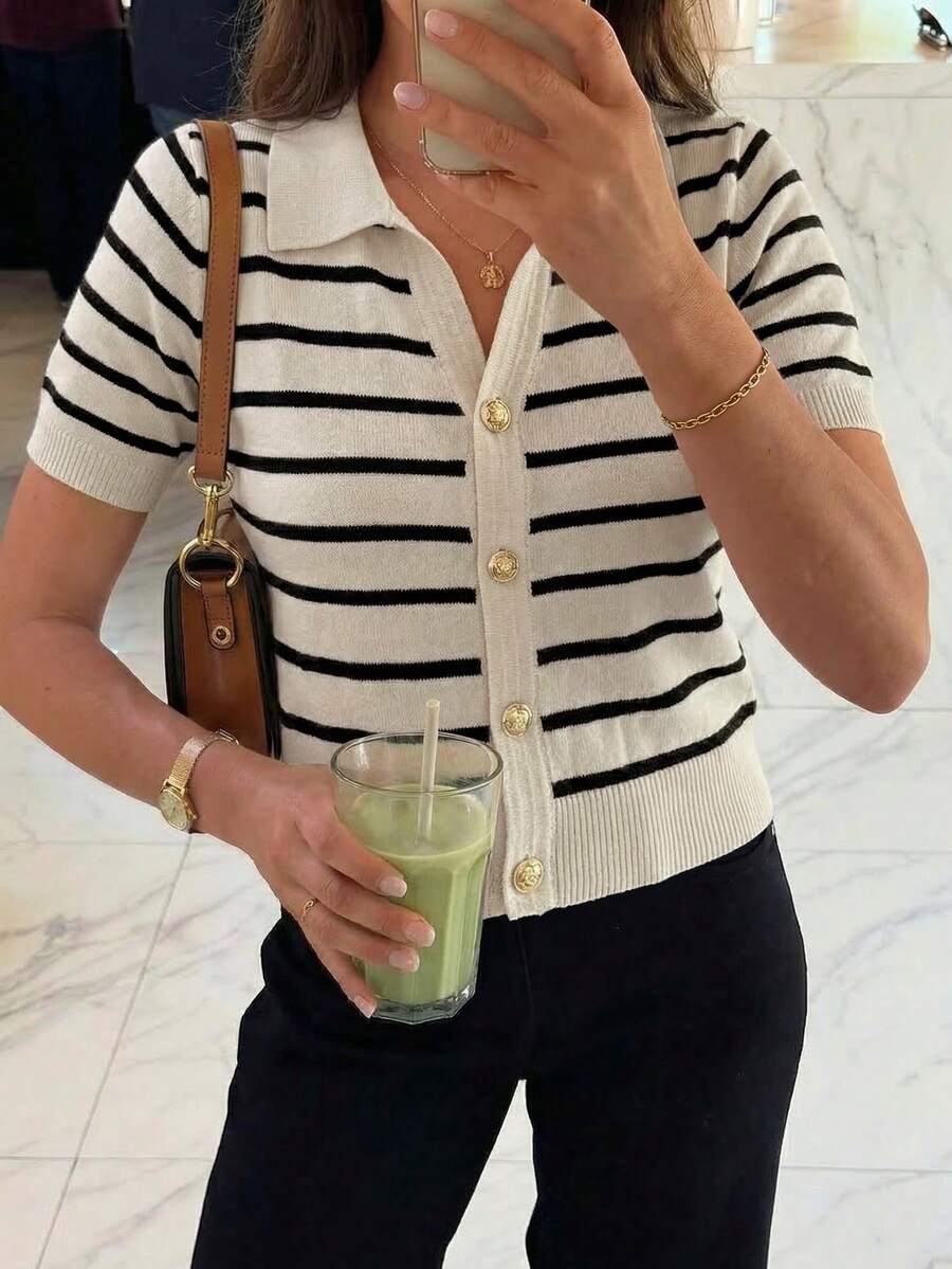 Women's Contrast Stripe Polo Collar Knit Button Front Fitted Short Sleeve Top Spring
