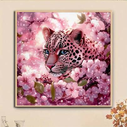 1件套5D钻石画套装，樱花豹纹图案，适合成人初学者DIY马赛克钻石画，全钻手工DIY钻石画，适用于客厅、卧室、办公室墙面装饰，惊喜艺术家居装饰礼物，送给家人和朋友，无框[30*30厘米/11.8*11.8英寸][40*40厘米/15.7*15.7英寸]