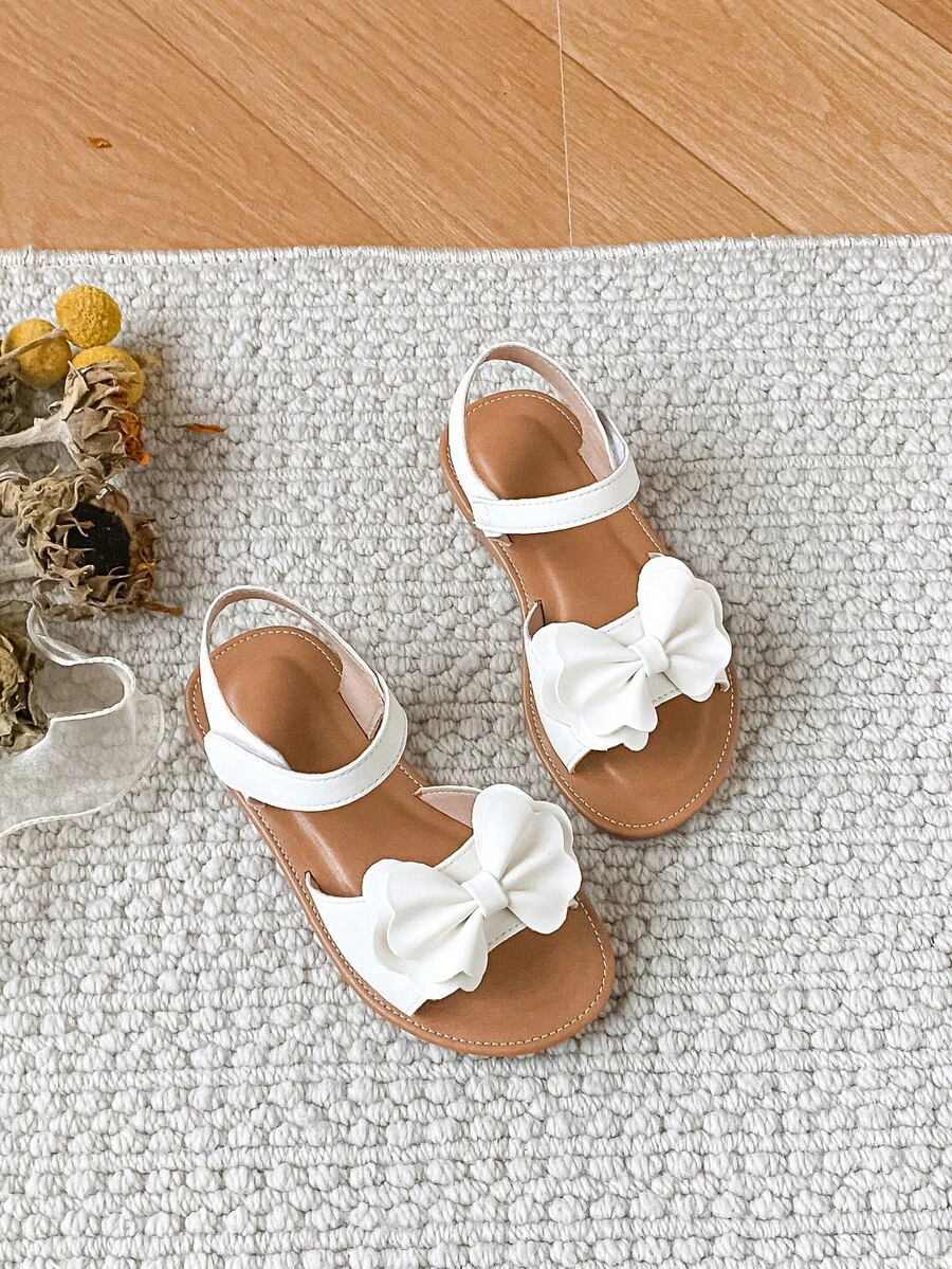1双甜美蝴蝶结女童凉鞋，适合日常穿着 - 白色 - 查看 1