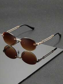 黑色金色无框时尚男女通用太阳镜，金色链条镜腿，防紫外线，男士时尚之选 - 彩色 - 查看 11