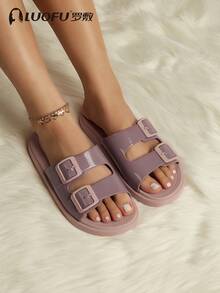 Summer New LUOFU Fashion Women Flat Slippers, Outdoor Beach Slippers, Fashionable Double Buckle Slippers, Indoor Non-Slip Sandals - Pink - View 3