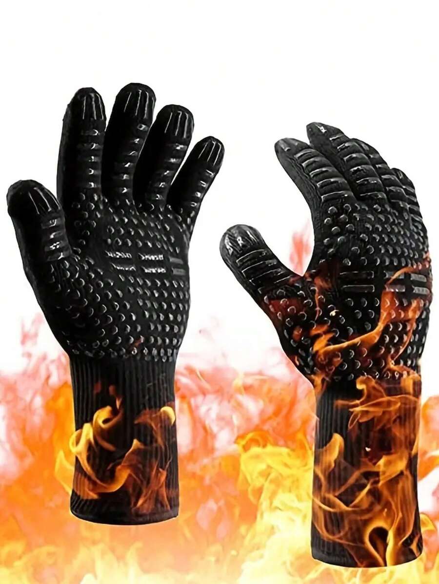 1pc 932°F Heat Resistant Gloves, Cut-Resistant Non-Slip Silicone Oven Mitts, Kitchen Cooking Gloves For Baking, Grilling, Outdoor Picnic Cooking Accessories - Black Gloves - View 1