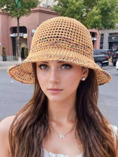 夏季镂空遮阳帽，透气不闷热，彩虹沙滩度假风宽檐编织渔夫草帽（女士款）