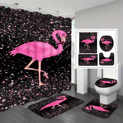 1/3/4件套闪亮钻石和红色火烈鸟图案浴帘套装，带12个挂钩的浴室隔断帘，防滑浴毯，U型马桶垫，马桶座垫，装饰浴室套装，浴室配件