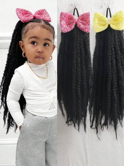 Kids 1pc Afro Fluffy Kinky Curly Ponytails With Shiny Bow Clip Natural Black Synthetic Hair Pieces, Comfortable Wig Accessories Suitable For Girls