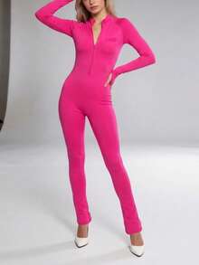 Bộ jumpsuit dài tay ôm sát, khóa kéo, phong cách cá tính, thời trang công sở DOUCIU, trang phục thường ngày năng động. - Màu Hồng Tươi - Xem 4