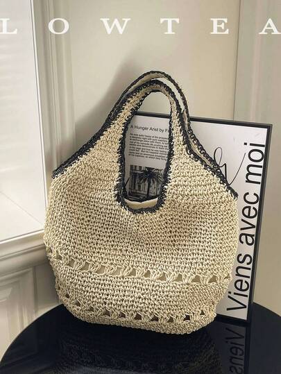  1pc Low Tea Contrast Color Woven Fabric Shoulder Bag, Women's Retro Fashion Crescent Shoulder Bag, Top Double Handle Design, Zipper Closure, Suitable For Travel, Shopping, Dating, Women's Gift, Very Suitable For Commuting, Outdoor, Travel, Hiking, Going Out