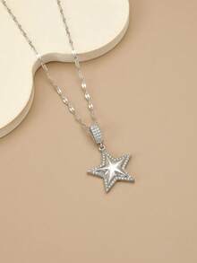 1件装时尚全锆石星形不锈钢项链，女士银饰，银项链，适合夏季、度假、海滩派对、日常佩戴、送礼、生日礼物 - 銀色 - 查看 2