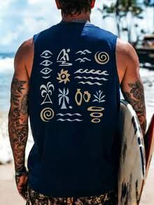 Men's Casual Palm Tree Letter Print Round Neck Top For Holiday - Navy Blue - View 3