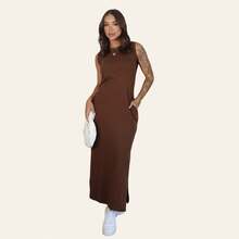 Women's Long Dress Set With Side Slit And Pockets - Brown + Gray - View 4