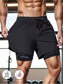 Solid Color Sports Shorts For Spring/Summer, Non-Slip Double Layer Unisex Running/Outdoor Fitness Shorts, Lightweight Loose Casual Pants Black - Black - View 1