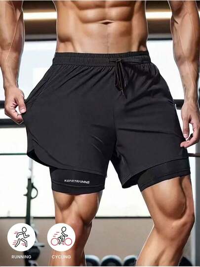 Solid Color Sports Shorts For Spring/Summer, Non-Slip Double Layer Unisex Running/Outdoor Fitness Shorts, Lightweight Loose Casual Pants Black