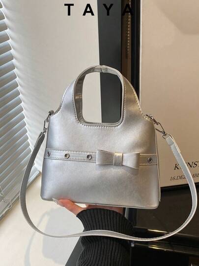 New Retro Fashion Bucket Handbag, Metal Hardware Bow Decor, Zipper Closure, Adjustable Long Shoulder Strap, Small Capacity Lightweight Minimalist, Solid Color Soft Crossbody Bag. Suitable For Women's Daily Life, Casual, Commuting, Work, Vacation And Student Use