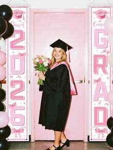 2026 Abschluss Türbanner, Glückwünsche Absolventen Türschild, rosa Schleife Abschluss Dekoration, 30*180cm Polyester Metall rosa Innen-/Außenwand Hängedekoration, 2026 Highschool/Uni Abschlussfeier Zubehör - Übersicht 2