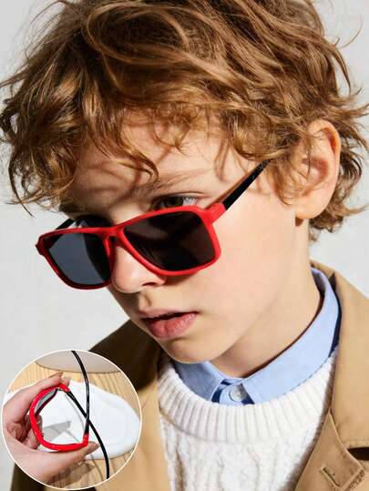 1副男女童（4-8岁）偏光太阳镜，简约纯色设计，柔韧硅胶镜框，偏光UV400防护，休闲方形款式，适合海滩玩耍、户外运动和日常佩戴，附眼镜盒
