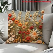 1pc Vintage Embroidered Floral Pattern Home Decor Throw Pillow Cover, 2D Flat Print Forest Style Wild Flower Cushion Cover, Bedroom Home Decor Pillow Sham, Polyester Square Single-Sided Print Pillow Case, Machine Washable, Zipper Closure, Pillow Insert Not Included, 45*45cm - Multicolor - View 8